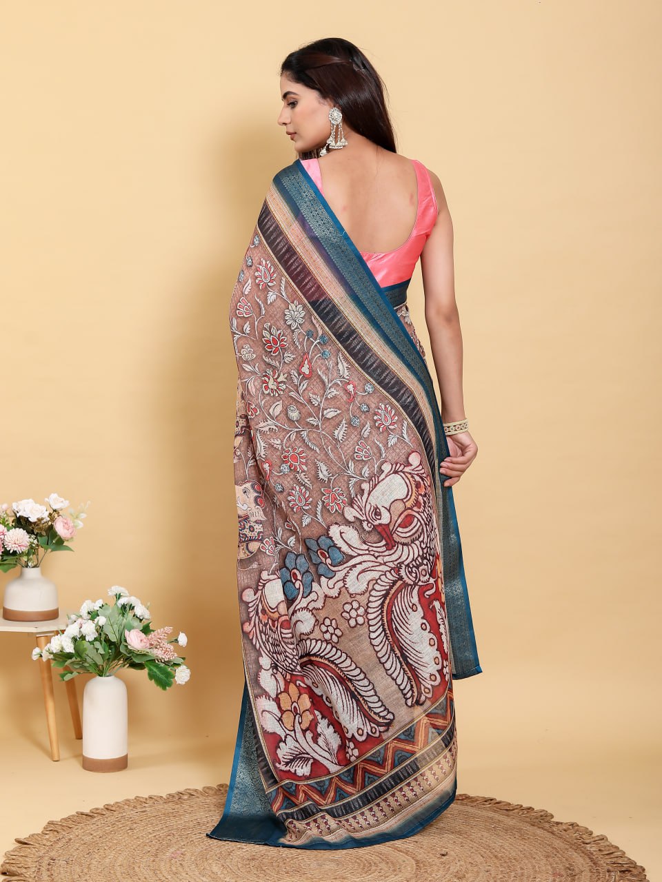 Artistic Brown & Teal Linen Cotton Saree | Kalamkari/Pichwai Inspired Festive Wear